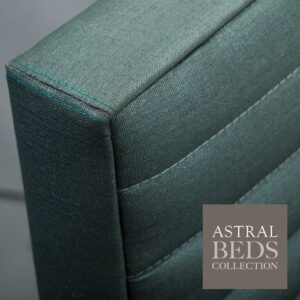 Detalle y acabados en tono verde del cabezal de la cama nova de astral nature