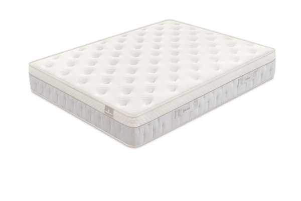 Colchón Sonpura Golden tapizado gris y blanco.