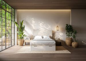 Canapé abatible sonpura store blanco con la tapa tapizada en color beige, en habitación actual